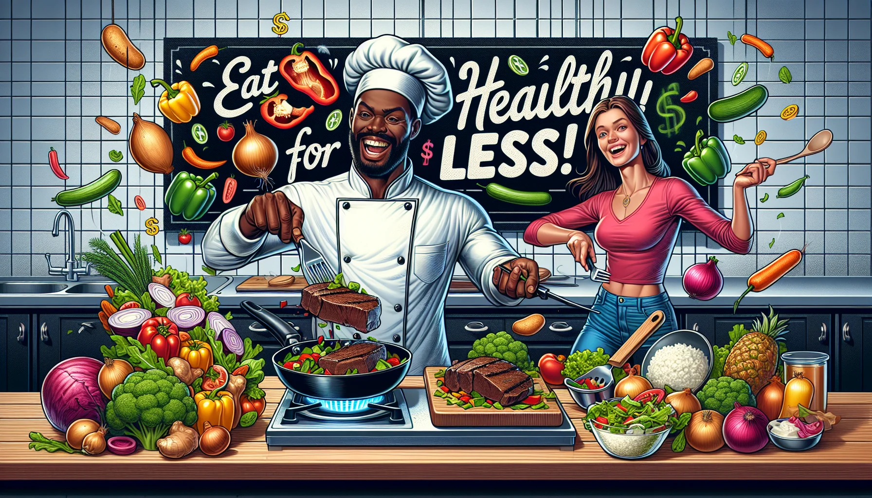 Create a detailed and comical image demonstrating the preparation of a healthy, affordable beef chuck recipe. In the bustling kitchen, a Black male chef in a traditional chef's outfit is juggling colorful fresh veggies, like bell peppers, onions, and tomatoes with humorous concentration. On the other side of the counter, a Caucasian woman flips a piece of well-marinated beef chuck in a sizzling skillet with style and a cheeky grin. A large chalkboard sign in the background displays 'Eat healthy for less!' in playful, cartoon-like typography, with flying dollar signs and salads around it. The atmosphere is full of fun, and the delicious aroma suggests a tasty, wallet-friendly meal in progress.
