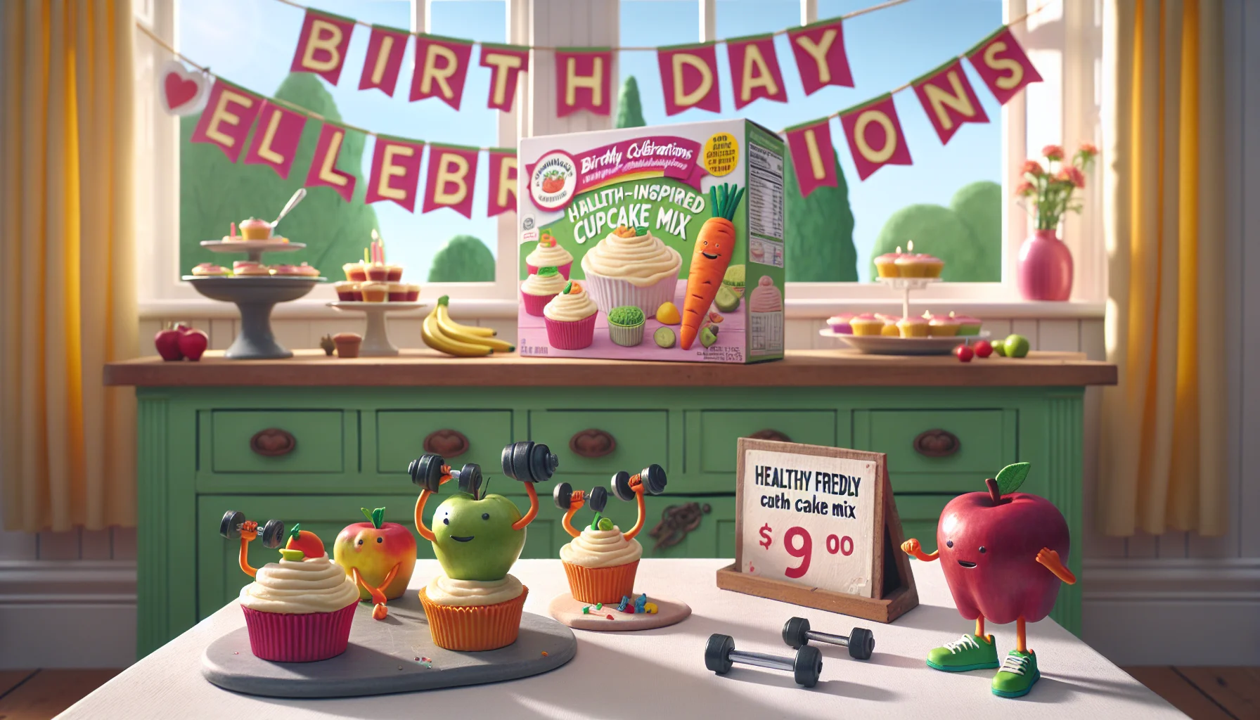 Imagine a whimsical, lighthearted scene set in a sunny kitchen, the countertop is filled with baking ingredients, prominently featuring a box of budget-friendly, health-inspired cupcake mix. A big banner reading 'Birthday Celebrations' hangs in the background. The cupcakes are unique, shaped like fruits and vegetables. There's a comic edge to the scene- a carrot-shaped cupcake is lifting mini dumbbells, an apple-shaped cupcake is wearing running shoes, signifying the healthy options for the cake mix. A price tag next to the cupcake mix box shows surprising affordability, enticing the viewers to choose healthier eating options without burning their pockets.