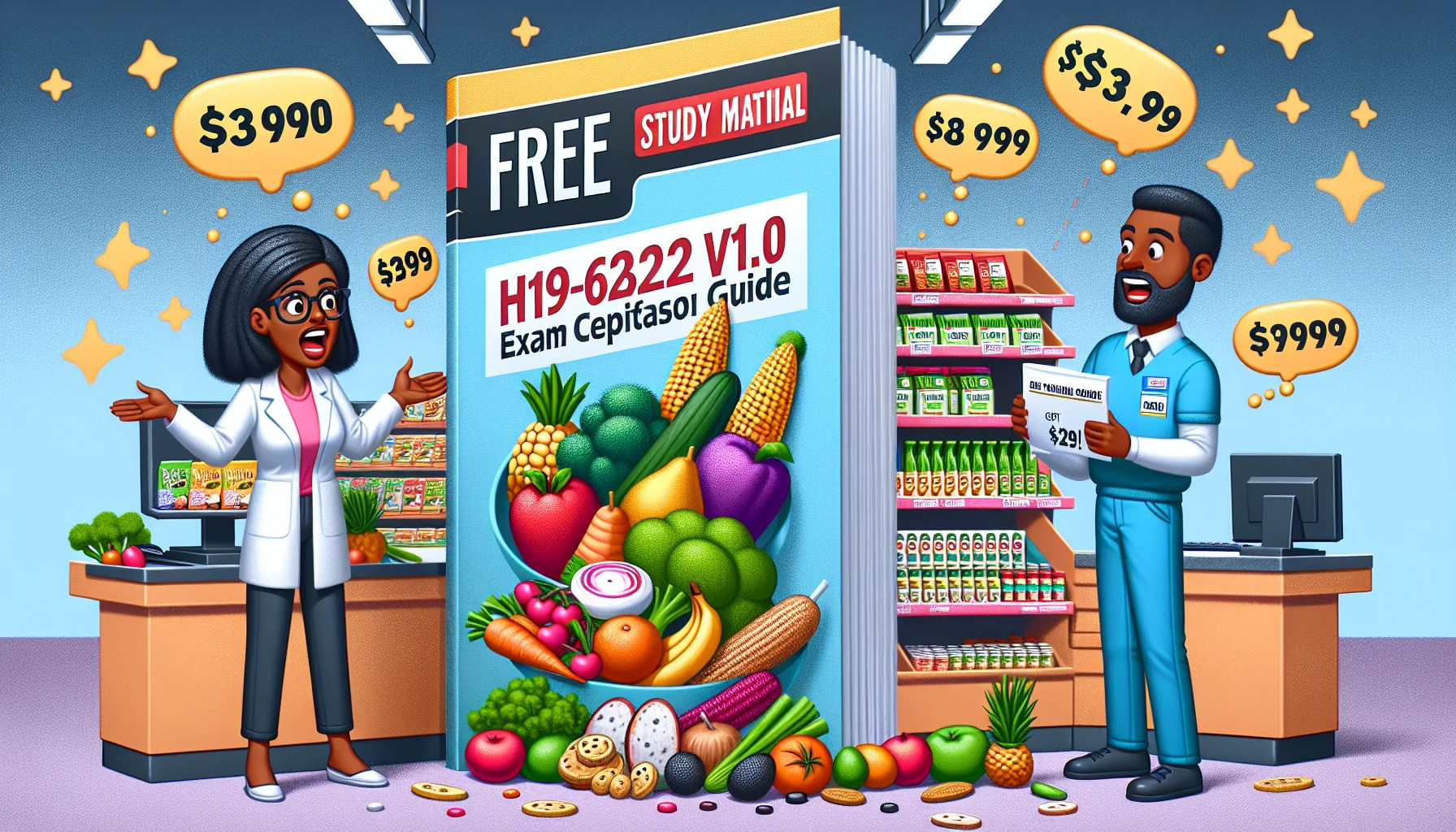Realistic image embodying a humorous situation where free study material for an unnamed IT certification exam, represented by a big booklet labelled as 'H19-622_V1.0 Exam Study Guide', visually draws attention. It's accompanied by cartoon characters encouraging dietary wellbeing. These characters, a Black woman nutritionist and a Hispanic man supermarket cashier, are communicating the benefit of saving money by showcasing their favourite healthy foods: colorful fruits, green vegetables, whole grains, lean protein, and so on, with price tags showing surprisingly low numbers. The mood is light-hearted and educational, with dotted lines and fun emojis indicating cost savings.
