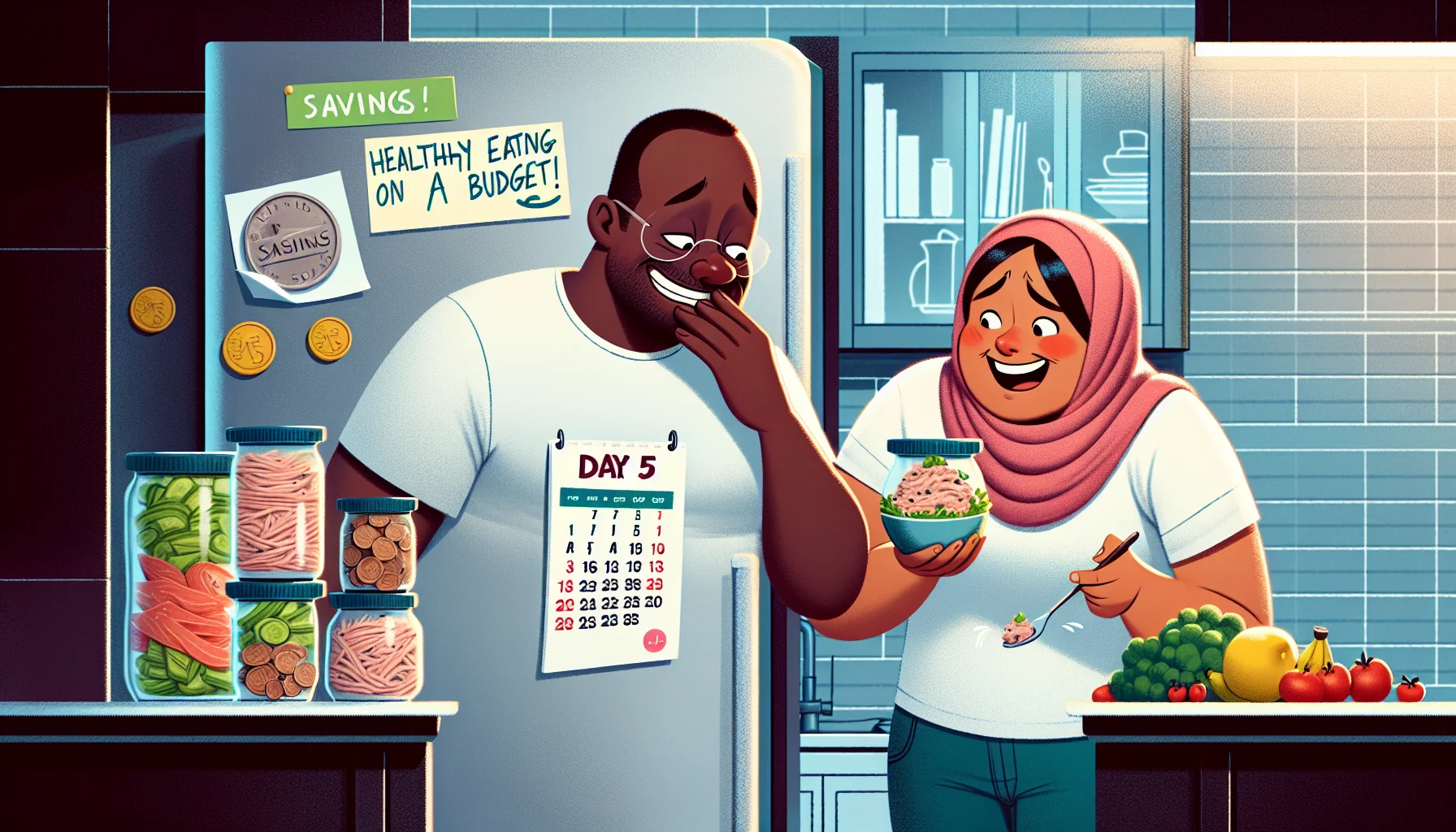 Illustrate a comical scenario in a contemporary kitchen setting. On one side, place a South Asian woman sheepishly looking at a calendar marked 'Day 5', while holding onto a jar of tuna salad. On the other side, depict a Black man chuckling while casually eating a fresh bowl of tuna salad. In the background, attach a note on the fridge proclaiming 'Healthy Eating on a Budget!' and show a pile of coin jars labelled 'Savings'. The ambiance should project a light-hearted vibe, promoting healthier and economical meal options.