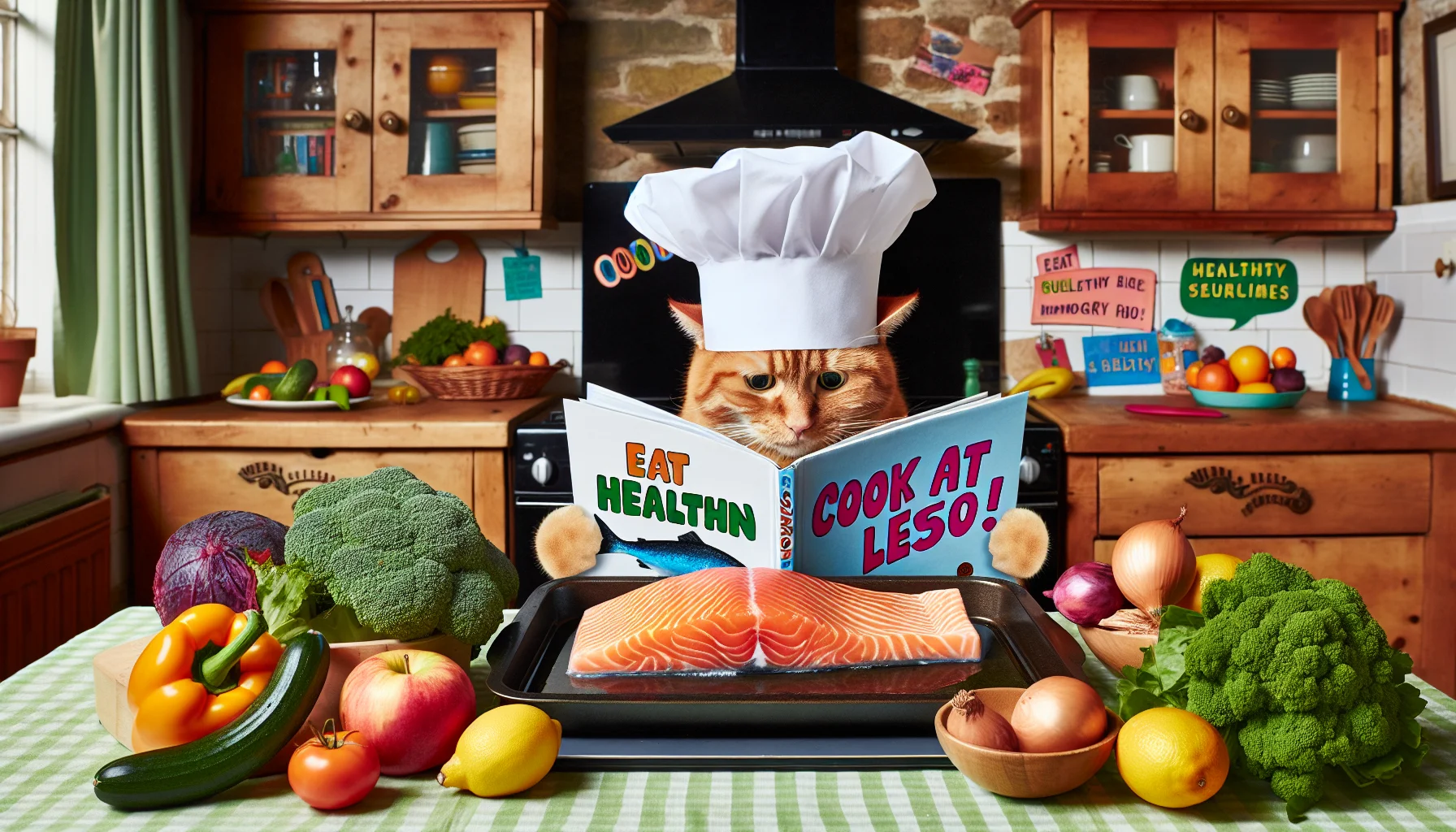 A humorous scene in a cozy home kitchen, where a mischievous orange tabby cat is attempting to cook a large, succulent fillet of salmon in an oven set at 350 degrees. The cat is wearing a white chef's hat and reading from a colorful cookbook with big, bold letters that say 'Salmon: Cook Time at 350!' On the oak dining table nearby, there is a bright, attention-grabbing sign that reads 'Eat Healthy for Less!' surrounded by an abundance of budget-friendly fruits and vegetables. The image encourages a practical and cost-effective approach to maintaining a healthy diet.