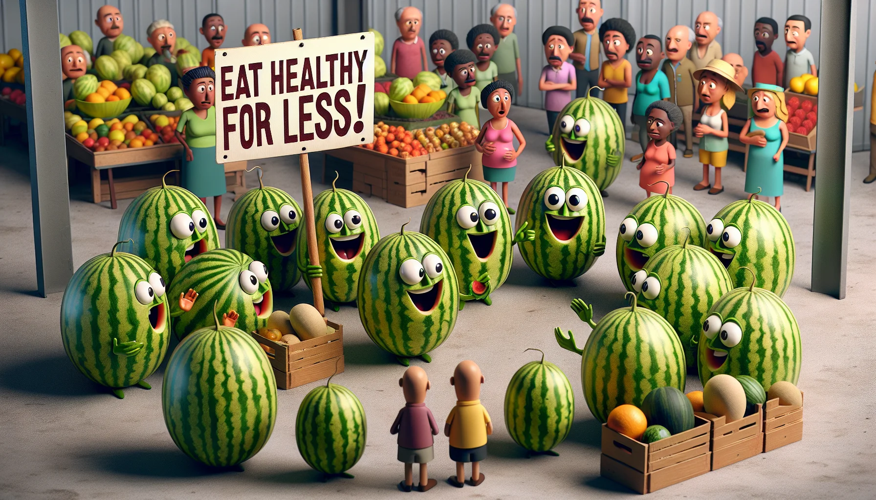 A humorous scene depicting a group of melons engaging in a lively conversation at a fruit and vegetable market. The melons have expressive faces and are eagerly chatting about the benefits of eating healthy while being budget-friendly. One melon has a placard with the words 'Eat healthy for less!' Balanced composition with clear focus on the melon personalities. Include a diverse crowd of customers with various descents and genders, each reacting to the melon conversation in their unique way, from amused to intrigued, reflecting the charm and magnetism of the entertaining and educational fruit talk.
