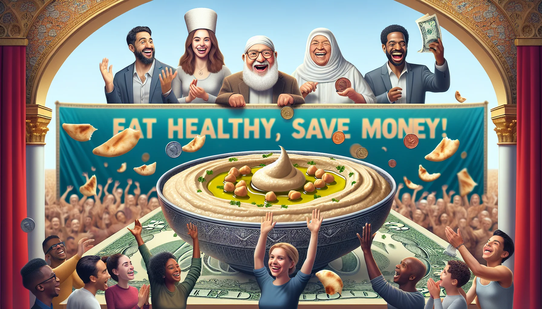 Generate a humor-filled image exhibiting a Lebanese Hummus recipe on a grand stage. On the stage is a large bowl filled with creamy hummus garnished with olive oil and chickpeas, surrounded with pita bread. Below the stage, a diverse group of people: an Hispanic old man raising his hat in surprise, a White, young woman grinning ear-to-ear, a Black middle-aged man laughing heartily, a South Asian girl clapping excitedly, and a Middle-Eastern boy eagerly reaching out to taste. Floating above is a banner proclaiming 'Eat Healthy, Save Money' surrounded by flying pennies and dollar bills.