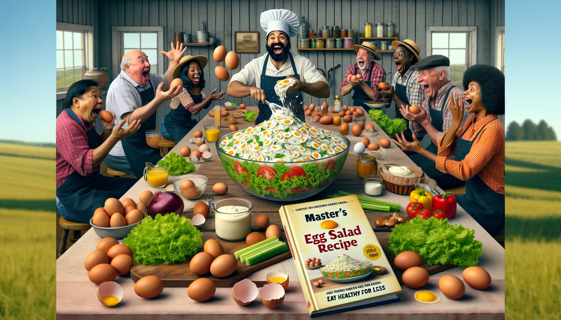 Visualise a hilarious yet appetising scenario featuring an aesthetically pleasing egg salad that follows a master's recipe. Illustrate a gathering of diverse folks around a long wooden table in a country farm-set kitchen. Picture dozens of eggs, vibrant lettuce, creamy mayonnaise, crisp celery, and zesty onions scattered across the table. A book titled 'Master's Egg Salad Recipe: Eat Healthy For Less' lies open among the ingredients, revealing a recipe that's both easy and economical. Amidst this, one can identify a South Asian man with a chef's hat jovially whisking a massive bowl of salad, while a Black woman in farmer's attire hilariously juggles eggs, and a Caucasian man gasps in astonishment — indicating just how fun and cost-effective healthy eating can be.