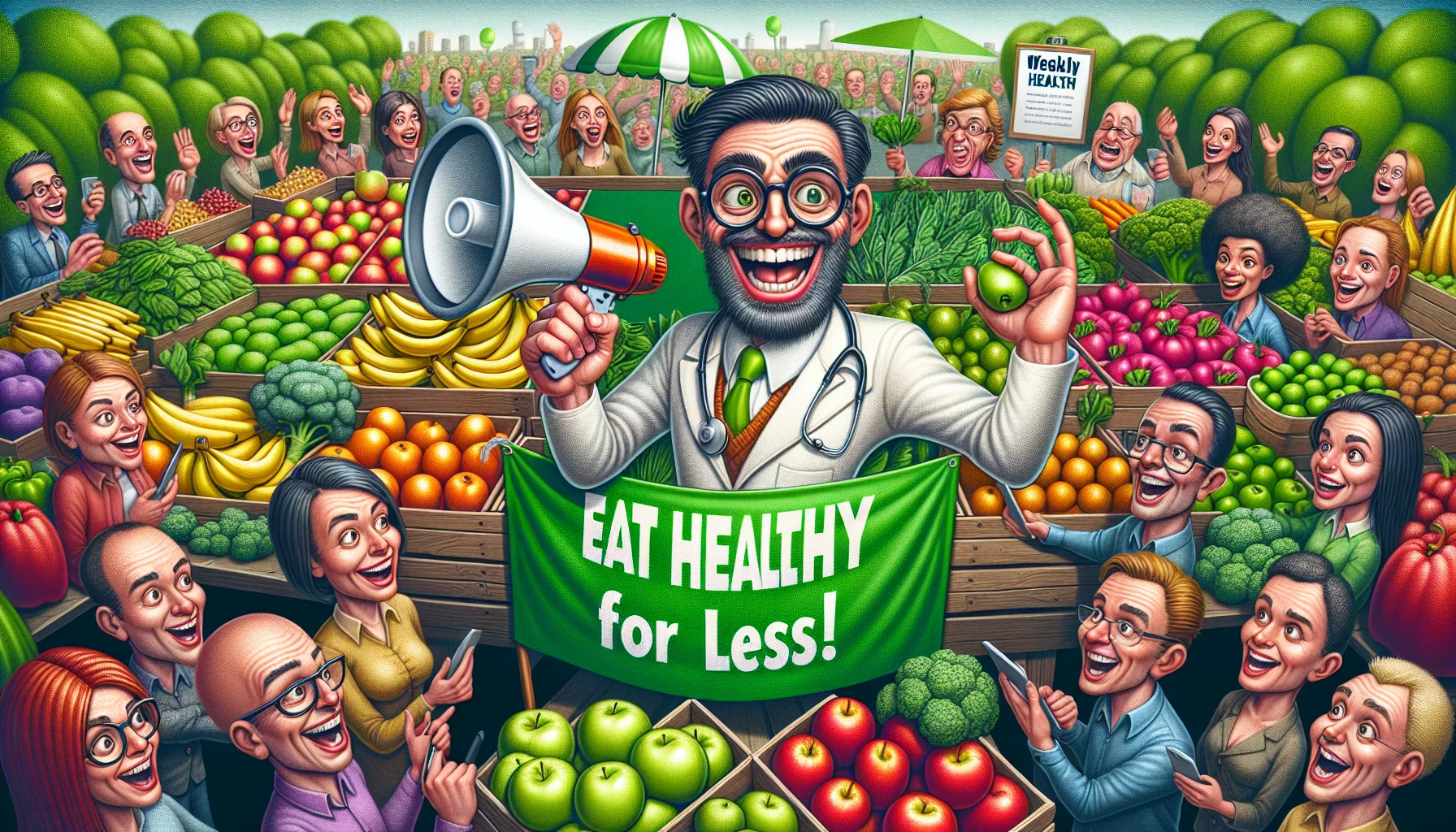 Create a detailed and realistic image of a comical scenario. It features a marketplace filled with vibrant and healthy fruits and vegetables such as apples, bananas, broccoli, and spinach. In the center, a caricature of a happy, smart looking person, perhaps a nutritionist, holds a large green banner reading 'Weekly Health Updates'. This person is carrying a megaphone in their other hand, and they are announcing 'Eat healthy for less!'. Various people around, some laughing, some surprised, are either listening to the announcement or looking at the abundant produce with wide eyes and big smiles.